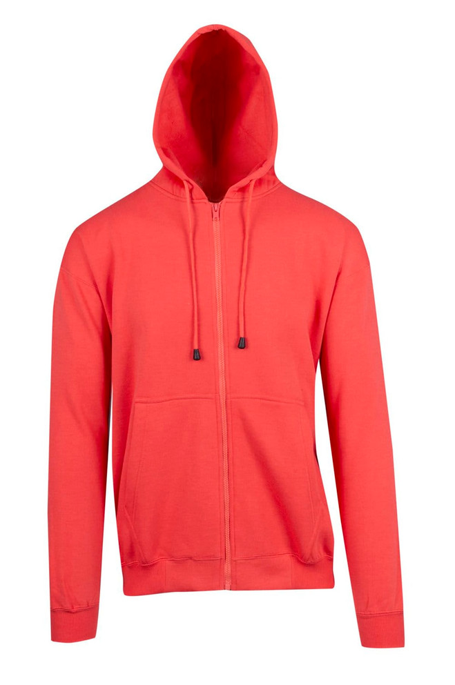 A red men's zip hoodie with a front pocket, featuring a drawstring hood and a simple design.