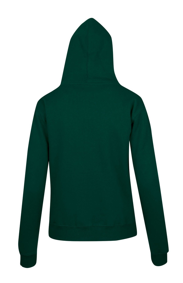 A green men's zip hoodie with a pocket, featuring a hood and a fitted design. The back view is shown.