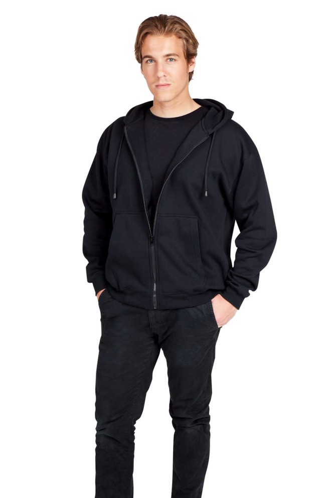 A purple zip hoodie worn by a male model and a blue zip hoodie worn by a female model, both with pockets.