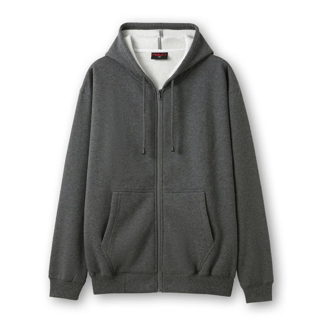A grey zip hoodie with a front pocket and a hood, featuring a logo on the chest area.