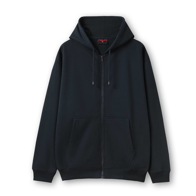 A black zip hoodie with a large front pocket and a drawstring hood, featuring a logo on the label.