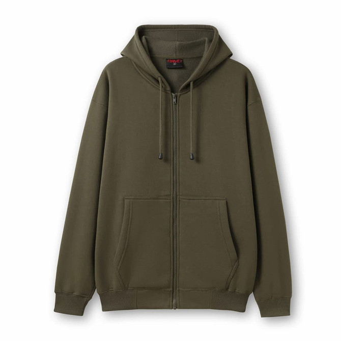 An olive green zip-up hoodie featuring a front pocket and drawstring hood. The hoodie includes a logo.