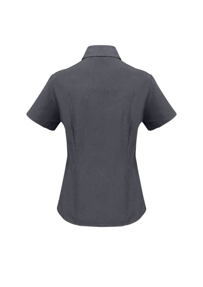 A grey ladies' plain short sleeve shirt with a collared neckline and a fitted design. It has a logo on the back.
