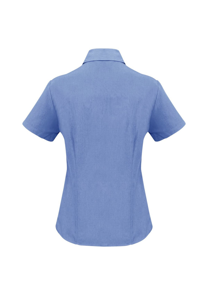 A short-sleeve blue button-up shirt with a fitted design, featuring a collar and a logo.