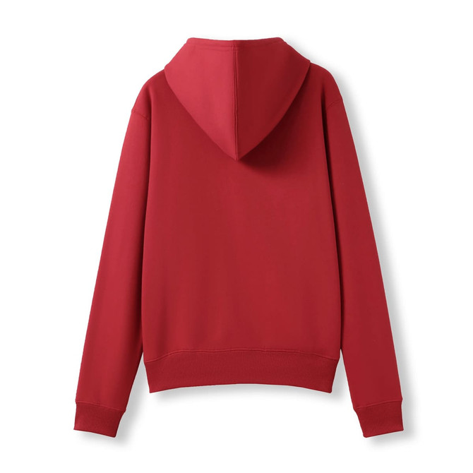 A red women's/juniors zipper hoodie with a pocket and a hood, featuring a plain back design.