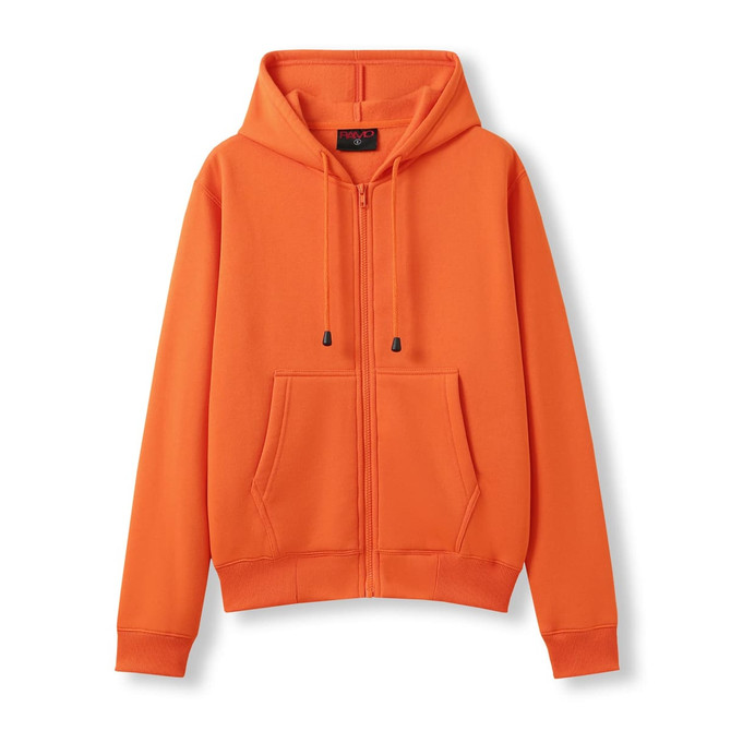 An orange zip-up hoodie with a pocket and a contrasting red hood, featuring a logo on the front.