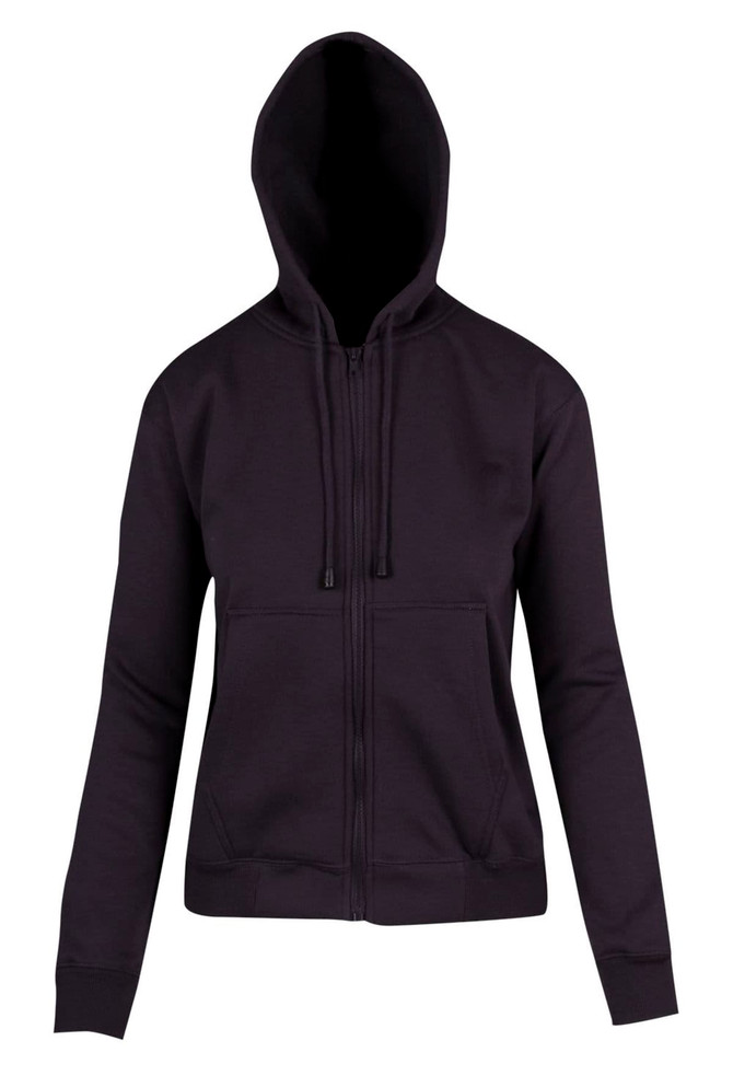 A women's zippered hoodie in black, featuring a front pocket and a hood, with a branded logo.