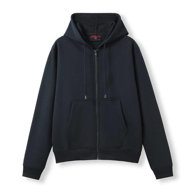 A navy women's junior zipper hoodie with a pocket and drawstrings on the hood, featuring a logo.