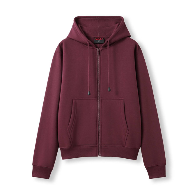 A maroon zippered hoodie featuring a spacious front pocket and drawstring hood, with a logo present.
