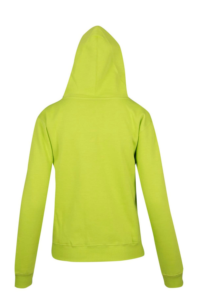 A bright green women's juniors zipper hoodie with a hood and pockets, featuring a logo on the back.