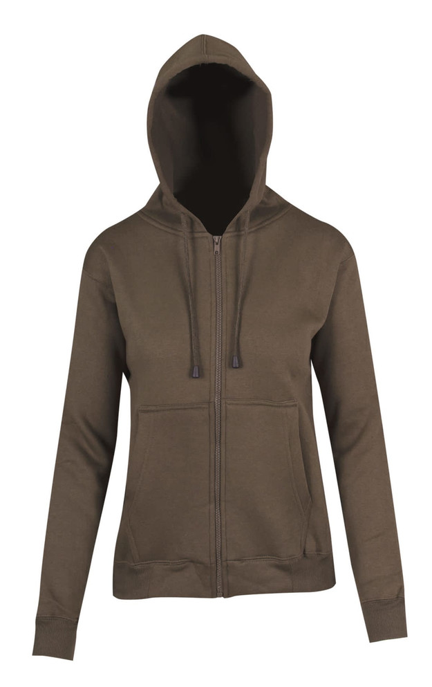 A women's juniors zippered hoodie in olive green, featuring a front pocket and a hood, with a logo.