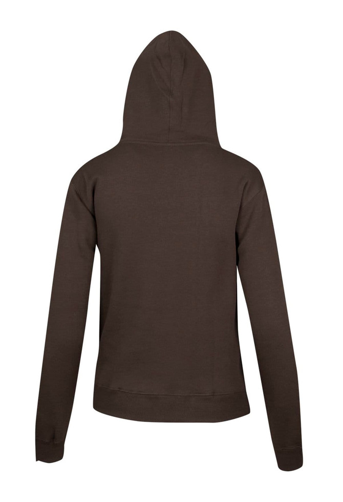 A brown women's/juniors zippered hoodie with a pocket, displayed from the back. It features a large hood.