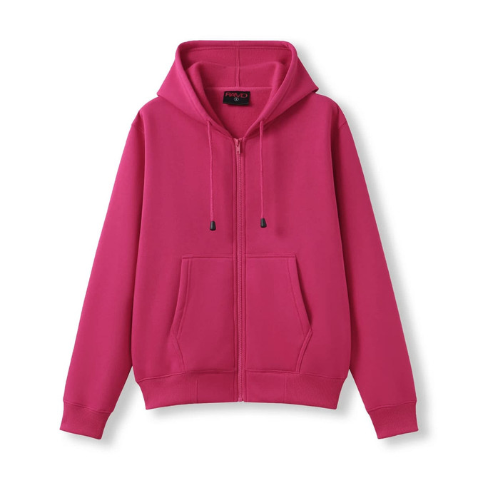 A bright pink women's zippered hoodie featuring a pocket. The hoodie has a hood and is made for juniors.
