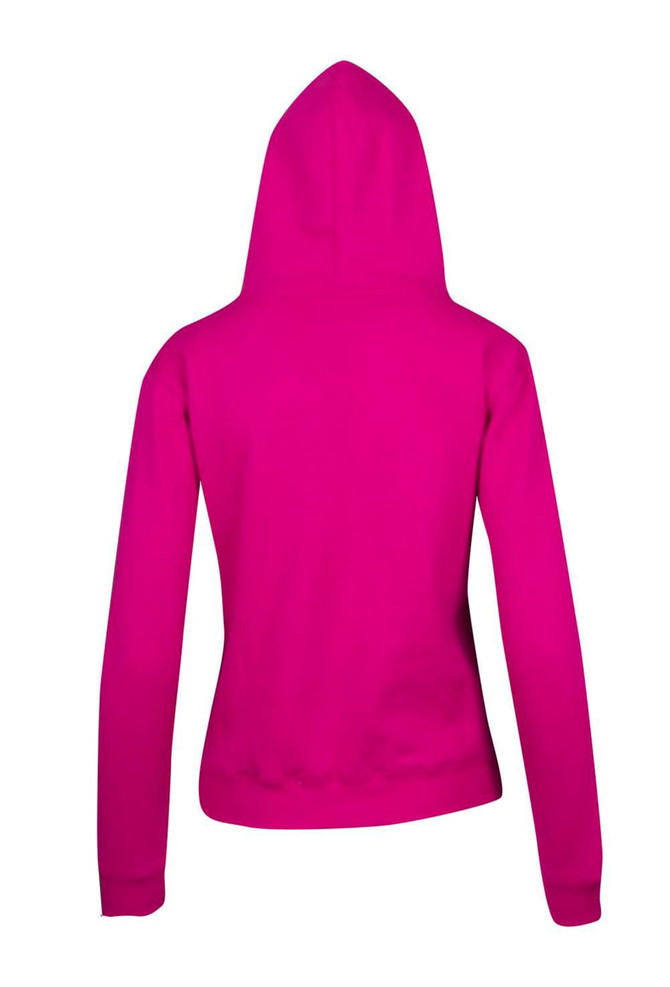 A bright pink women's juniors zipper hoodie with a hood and long sleeves, showcasing a clean back view.
