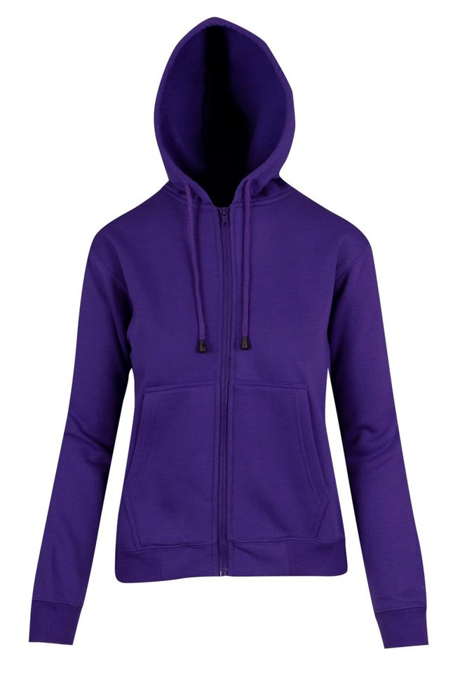A purple women's juniors zip-up hoodie with a hood and front pockets. It features a logo on the front.