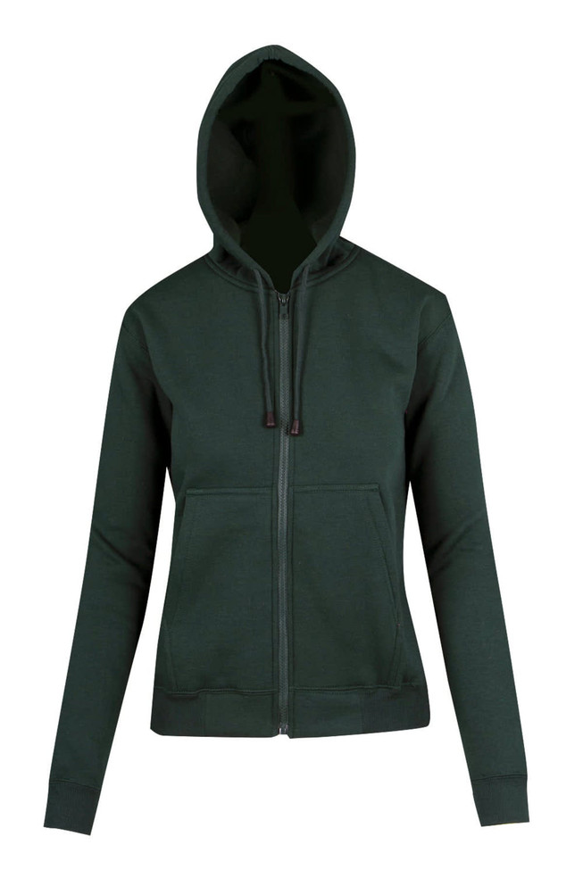 A dark green zipper hoodie with a pocket and a hood, featuring a logo on the front.