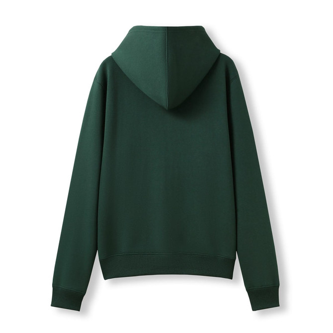 A green women's juniors zipper hoodie with a pocket, featuring a hood and a snug fit.