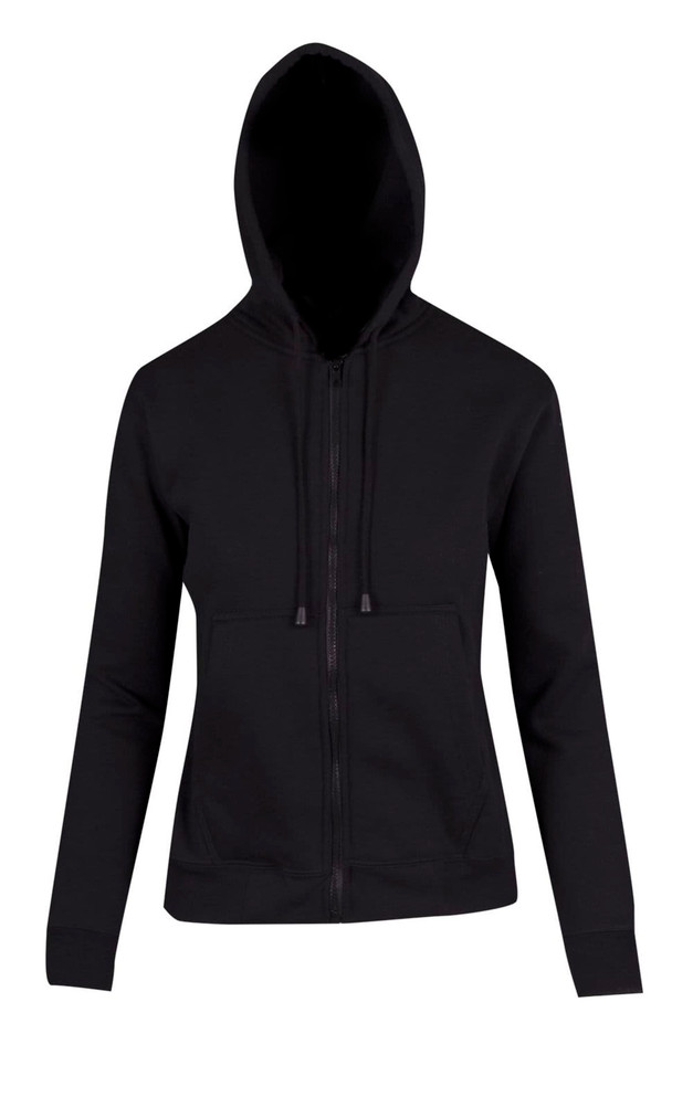 A black women's juniors zip-up hoodie featuring a pocket and a hood, with a branding logo.