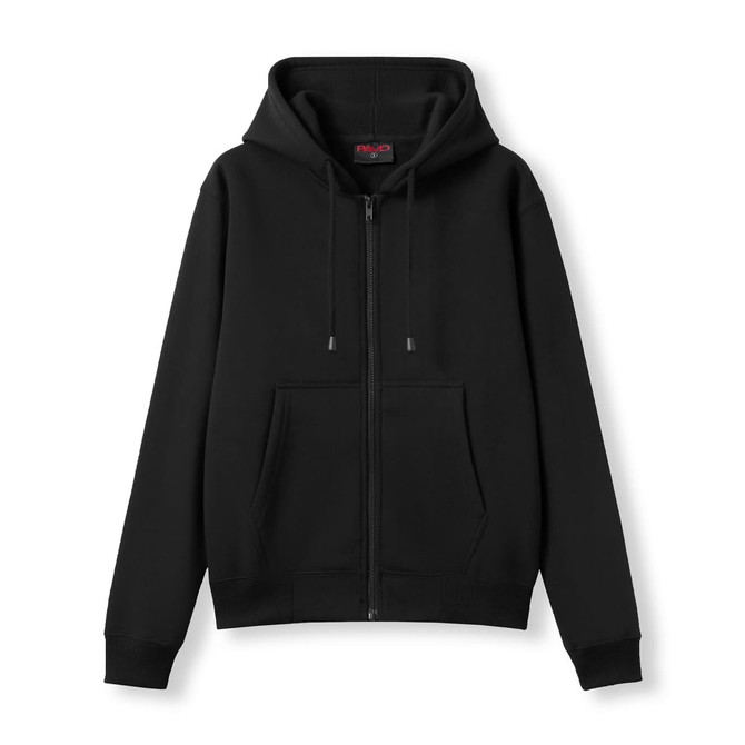 A black women's juniors zip-up hoodie featuring a pocket and a hood, with a branding logo.