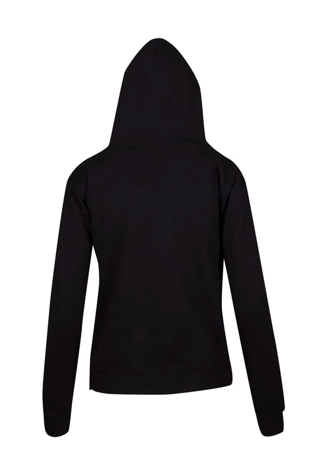 A black women's juniors zipper hoodie with a pocket, featured from the back view.