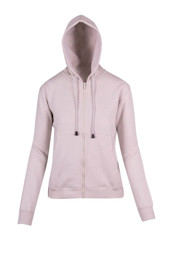 A light grey zippered hoodie featuring a front pocket and a hood, with a logos on it.