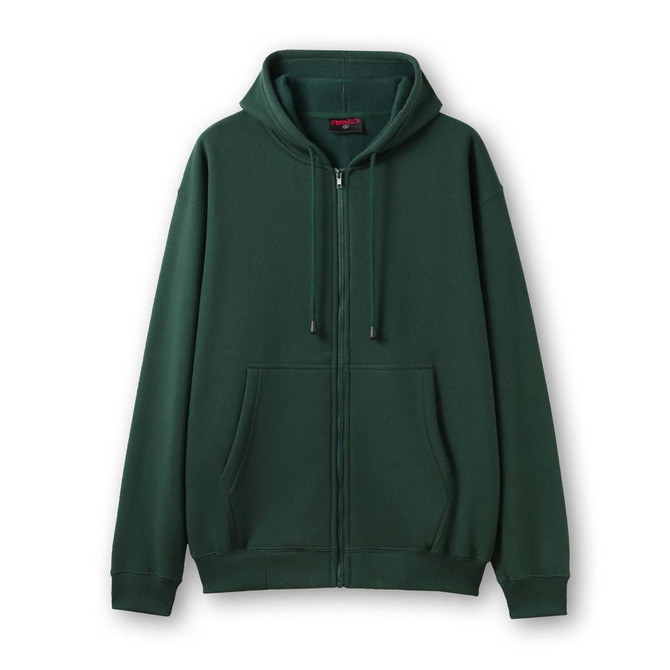 A green men's zip hoodie with a front pocket and drawstring hood. It features a logo on the chest.