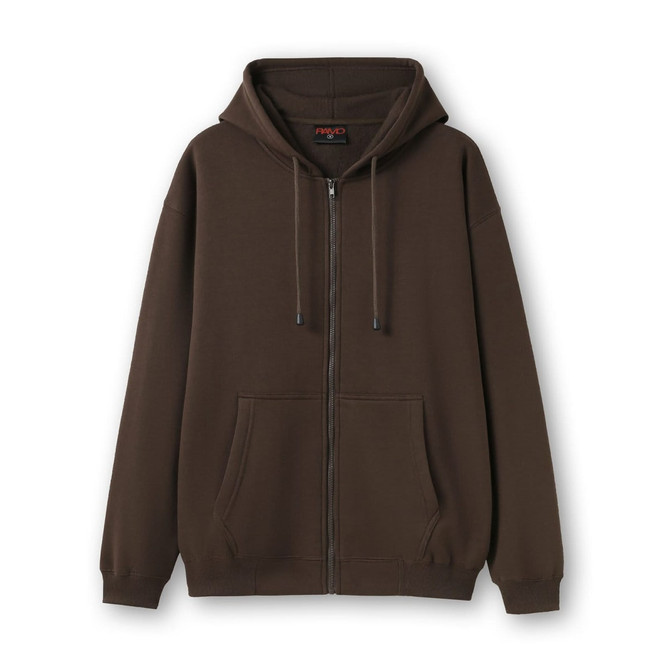 A brown women's juniors zipper hoodie with a front pocket and a drawstring hood. It features a logo on the interior.