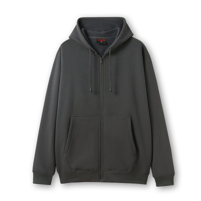 A women's juniors grey zippered hoodie with a pocket, featuring a hood and loose fit, with a logo on the label.