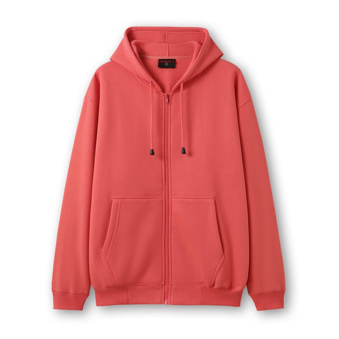 A zip hoodie in coral colour featuring a spacious front pocket and a drawstring hood. Includes branding.