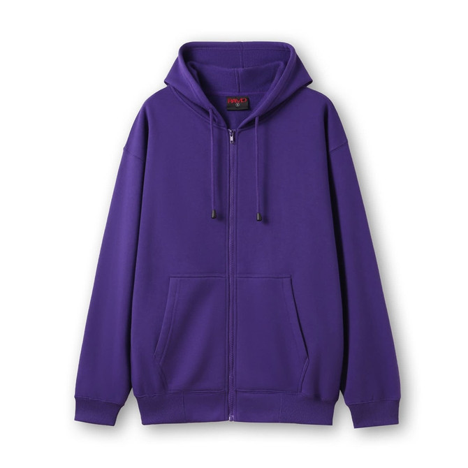 A purple zip hoodie with a pocket, featuring drawstrings and a relaxed fit. It has a logo on the label.