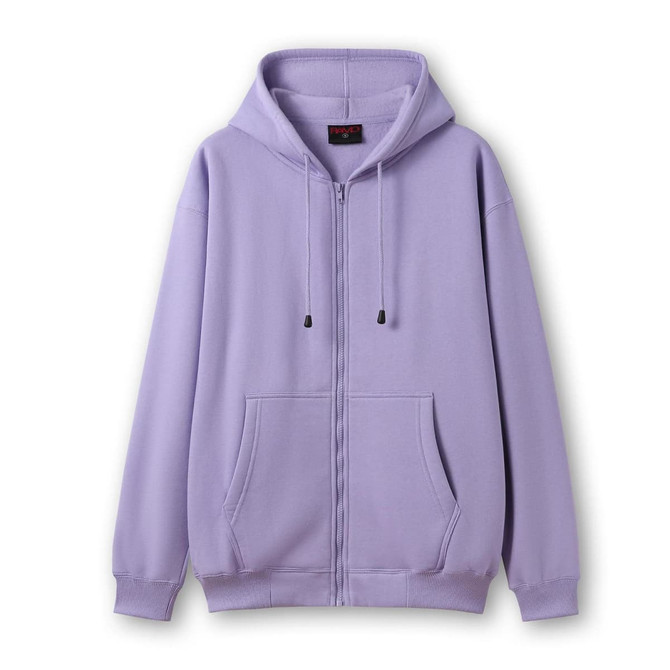 A lilac zippered hoodie with a hood and front pockets. It features a logo on the inside label.