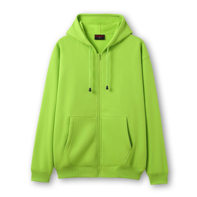 A lime green women's/juniors zipper hoodie with a front pocket and a hood. Features branding on the label.
