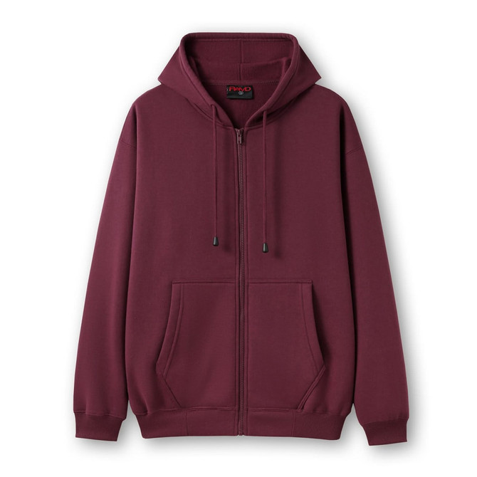 A maroon men's zip hoodie with a pocket and a hood, featuring a logo.