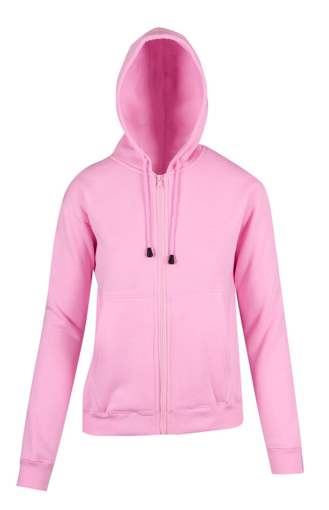 A pink zipped hoodie with a pocket and adjustable drawstring hood. Features a logo on the front.