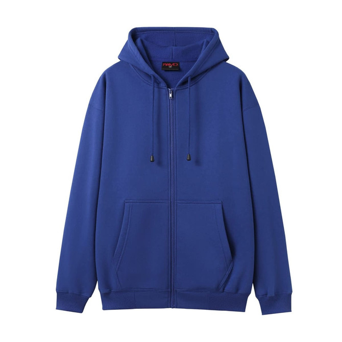 A blue women's juniors zipper hoodie with a front pocket and a hood. It features a logo on the label.