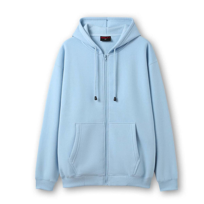 A light blue women's/juniors zippered hoodie with a front pocket and a hood. It has a logo on the label.