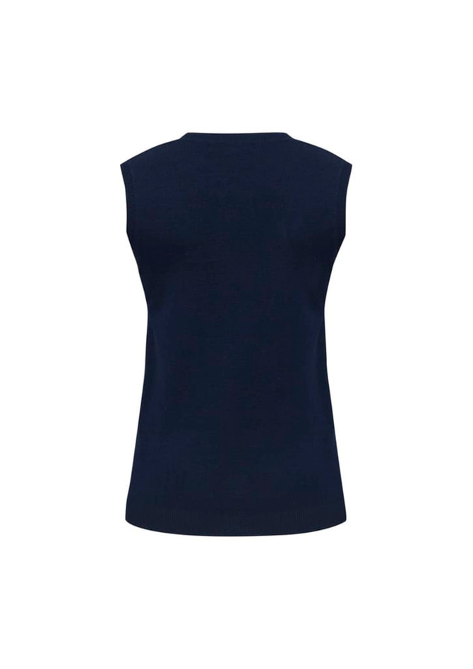 A navy women's V-neck knit vest with no sleeves, featuring a simple design and a logo on the back.