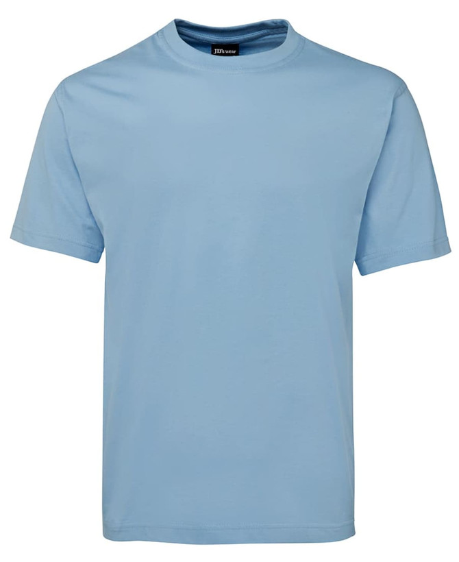 A light blue T-shirt with short sleeves and a crew neck, featuring a logo on the label.