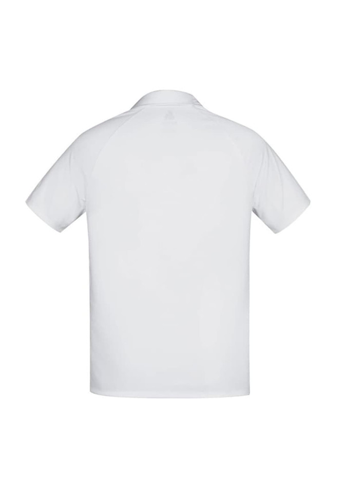 A white short sleeve polo shirt with a back view, featuring a logo. Ideal for casual wear.
