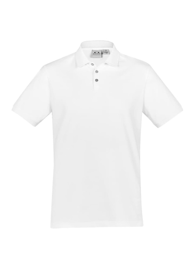 A white short sleeve polo shirt with a three-button placket and a small logo on the chest.