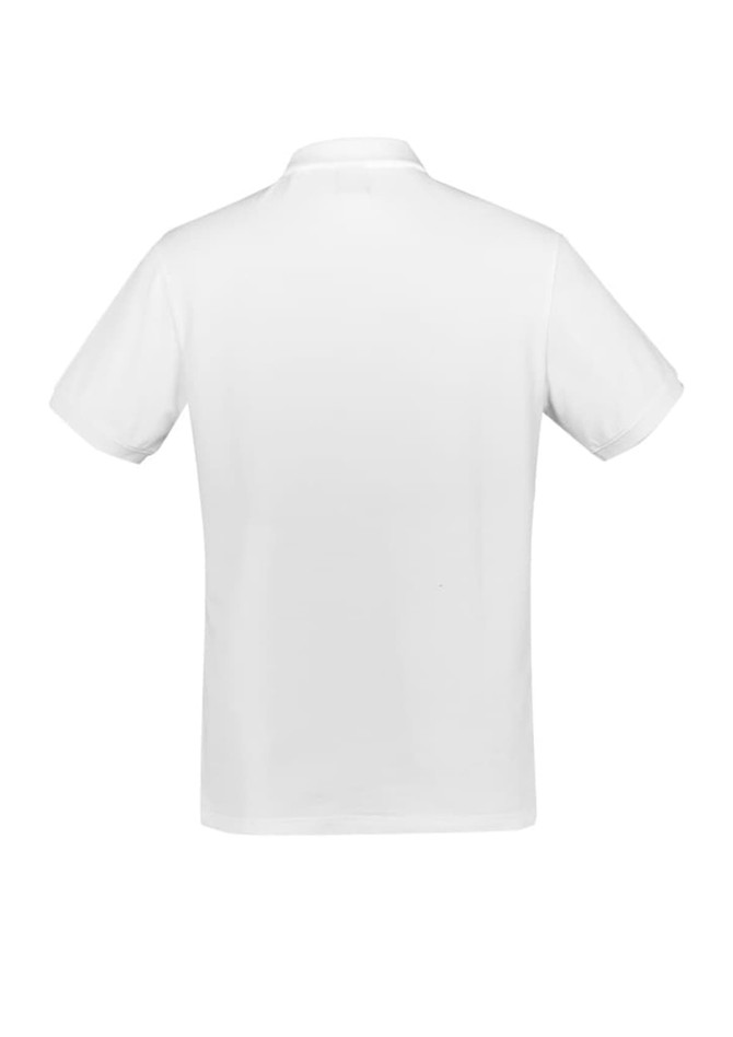 A white short sleeve polo shirt featuring a collar and a small logo on the back.