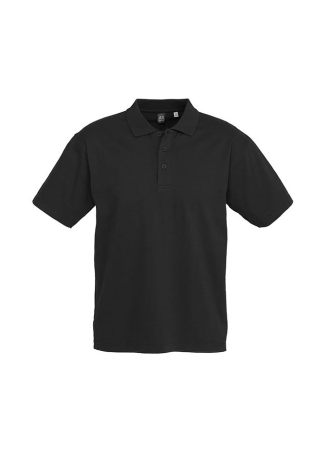 A black short sleeve polo shirt with a collar and a logo.