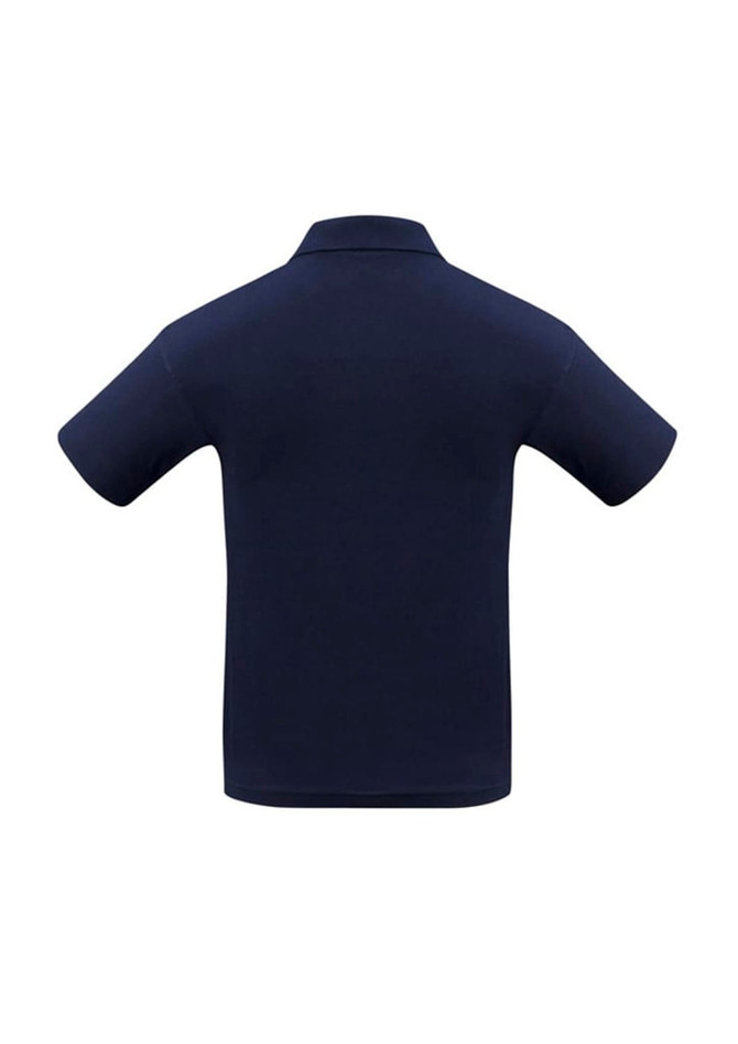 A navy blue men's short sleeve polo shirt featuring a back view and a subtle logo.