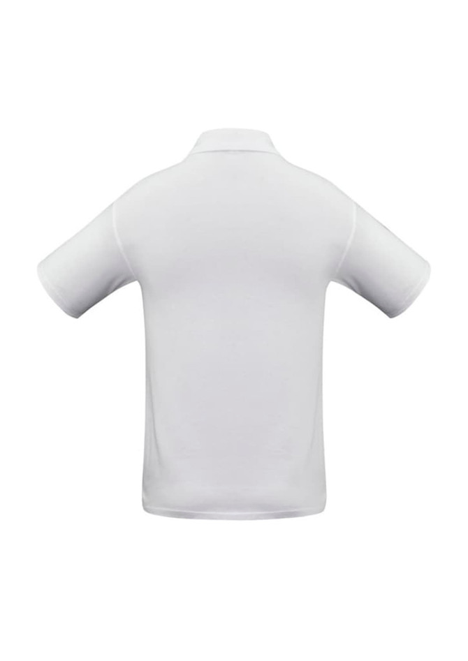 A white short sleeve polo shirt with a collar and a logo on the back.