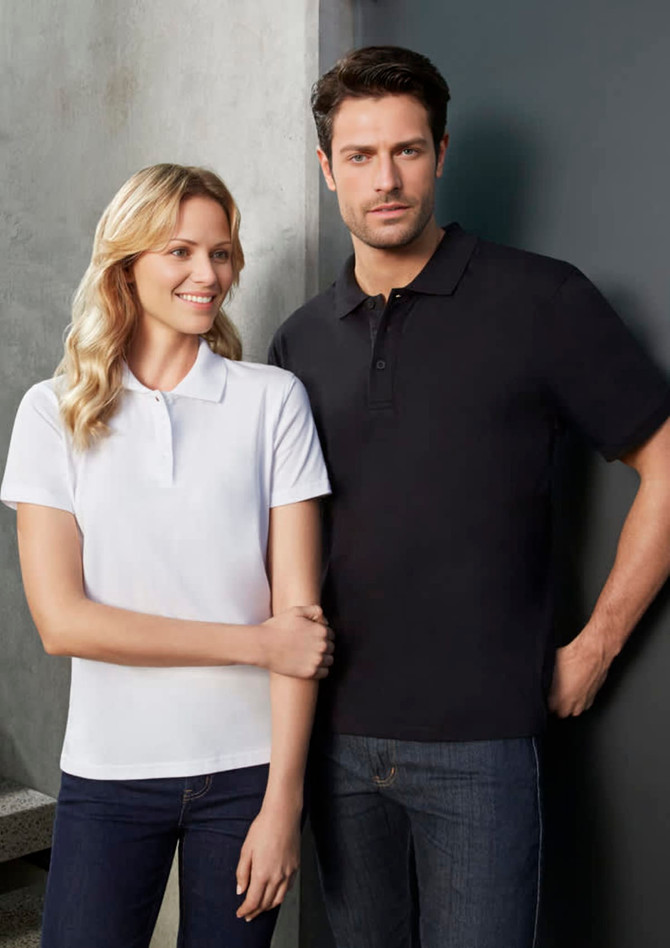 A black and white short sleeve polo shirt displayed on models against a neutral background. The attire features a logo.