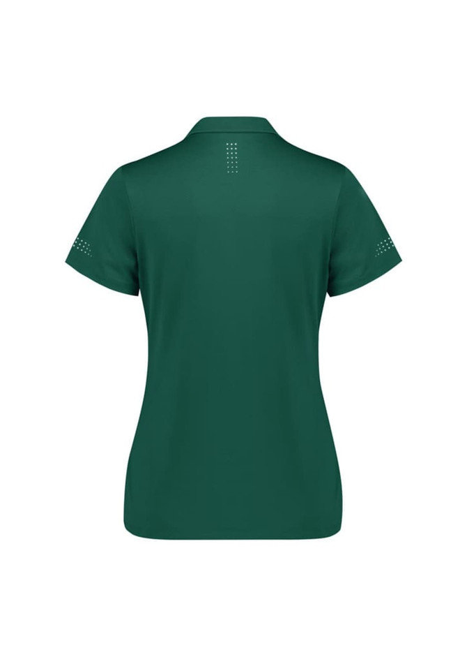 A women's short sleeve polo shirt in dark green, featuring a logo and decorative details on the sleeves.