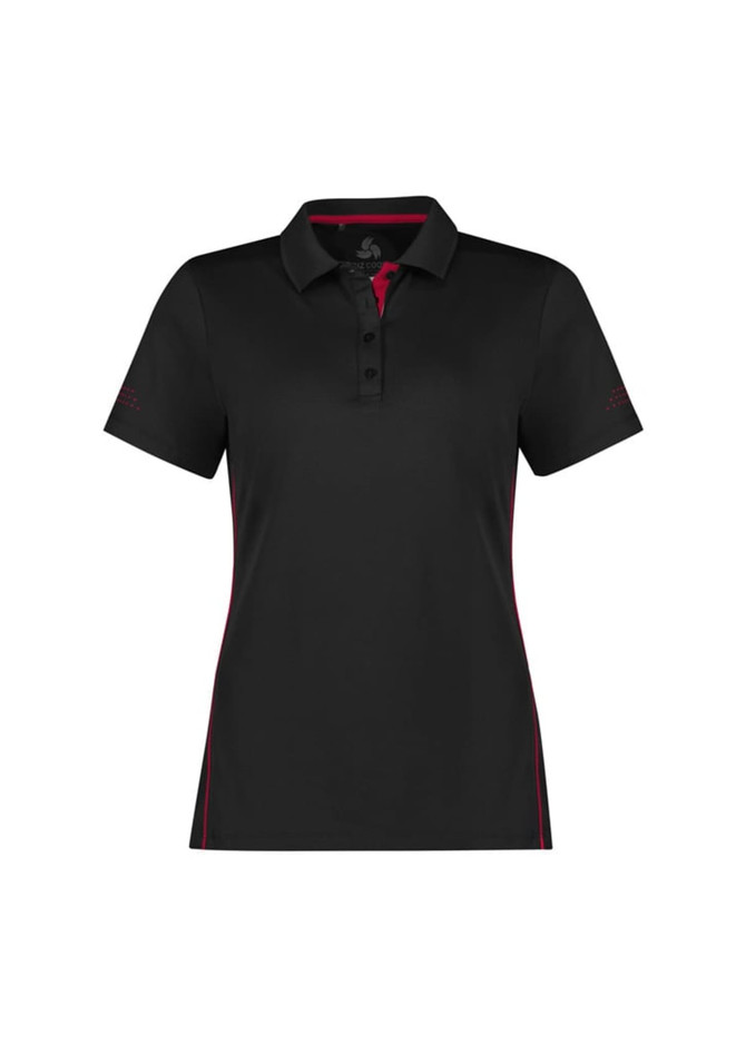 A women's short sleeve polo shirt in black with red accents, featuring a collar and a logo.