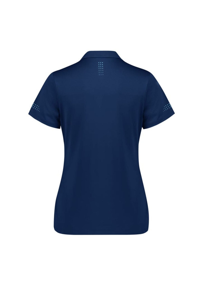 A women's short sleeve polo shirt in navy blue with a subtle logo and dotted design on the shoulders.