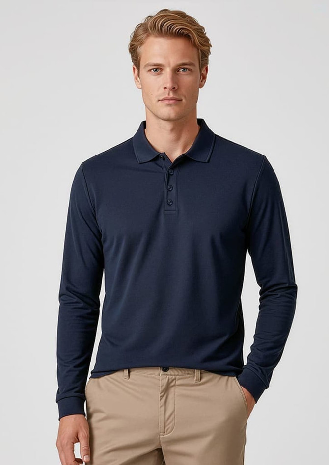 A navy long sleeve polo shirt with a collar, featuring a logo on the chest and paired with beige trousers.