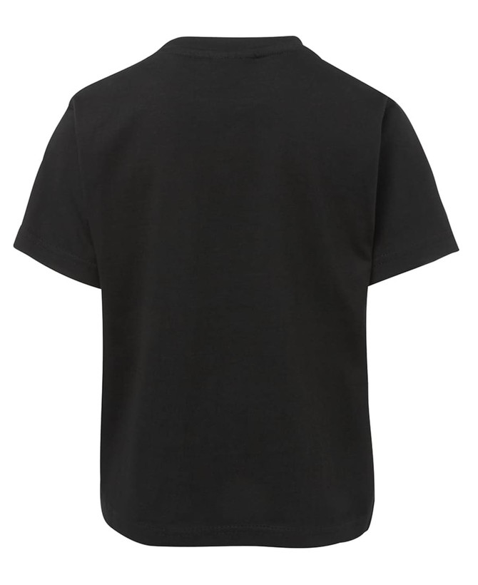 A black kids' t-shirt with short sleeves and a simple design. The back view reveals a clean, classic shape.